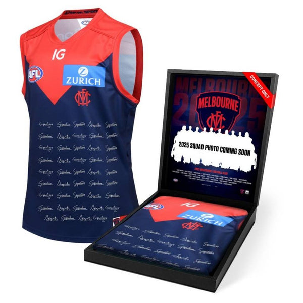 A signed Melbourne Demons 2025 squad guernsey, officially licensed by the AFL, displayed in a deluxe presentation box with a custom-designed insert featuring the full squad photo and player list. Includes a Certificate of Authenticity, perfect for collectors and fans.