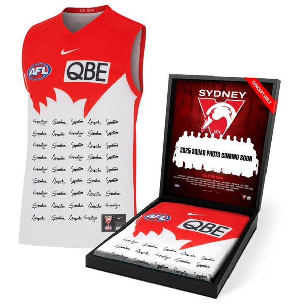 A signed Sydney Swans 2025 squad guernsey, officially licensed by the AFL, displayed in a deluxe presentation box with a custom insert featuring the full squad photo and player list. Includes a Certificate of Authenticity, perfect for collectors and fans.