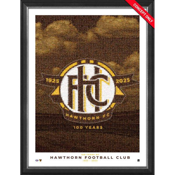 Hawthorn Football Club 100 Years Mosaic Sportsprint framed display featuring mosaic of historic images celebrating the club’s centenary in brown and gold colours from 1925–2025.
