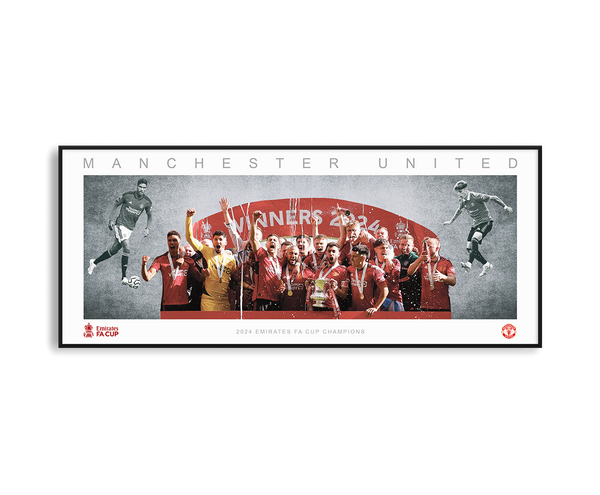 MANCHESTER UNITED FA CUP TEAM PANORAMIC COLLAGE PRINT SIGNED FRAMED WINGS