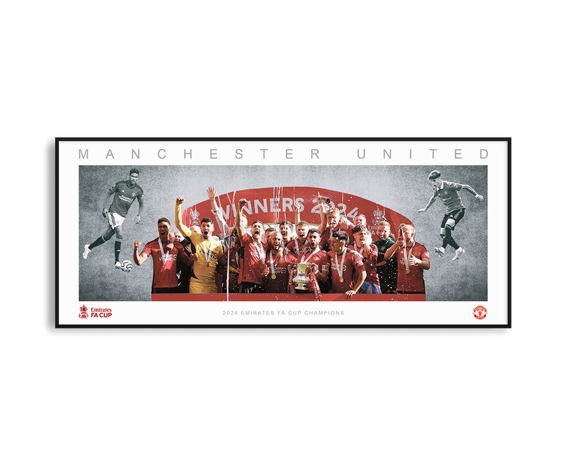 MANCHESTER UNITED FA CUP TEAM PANORAMIC COLLAGE PRINT SIGNED FRAMED WINGS