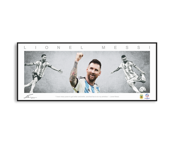 LIONEL MESSI PANORAMIC COLLAGE PRINT SIGNED FRAMED WINGS