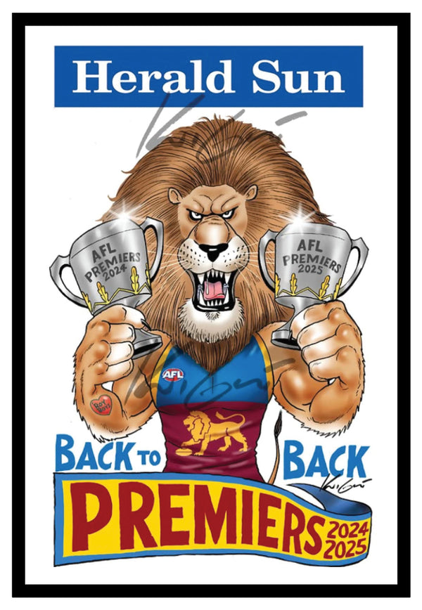 Brisbane Lions 2025 Knight Poster professionally framed in slimline timber frame with glass or acrylic front – official AFL licensed memorabilia.