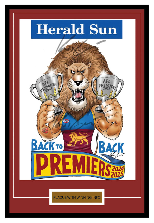 Celebrate Brisbane Lions’ 2025 AFL Premiership with the deluxe framed edition – acid-free matting, gold plaque with winning stats