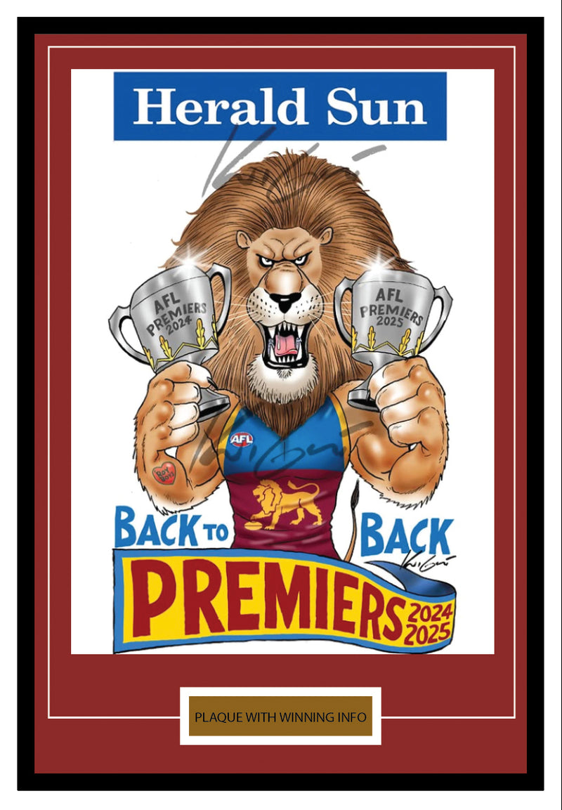 Celebrate Brisbane Lions’ 2025 AFL Premiership with the deluxe framed edition – acid-free matting, gold plaque with winning stats