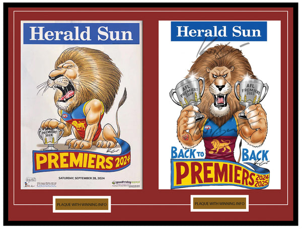 Brisbane Lions 2024 and 2025 AFL Premiers framed memorabilia featuring two official Mark Knight posters side by side, 105cm x 85cm, with dual plaques – official AFL licensed product.