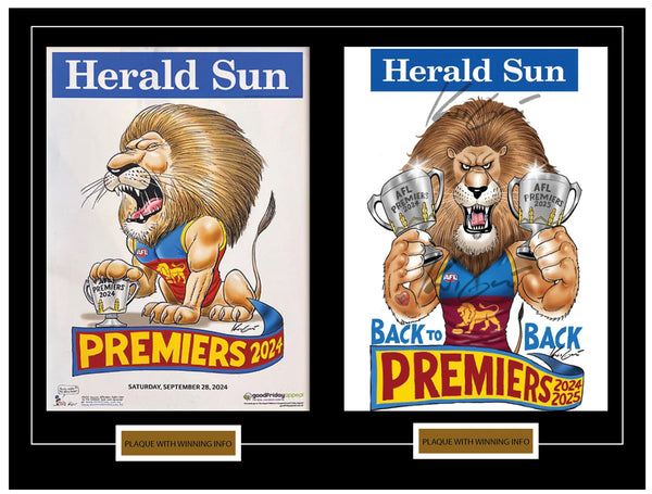 Brisbane Lions 2024 and 2025 AFL Premiers framed memorabilia featuring two official Mark Knight posters side by side, 105cm x 85cm, with dual plaques – official AFL licensed product.