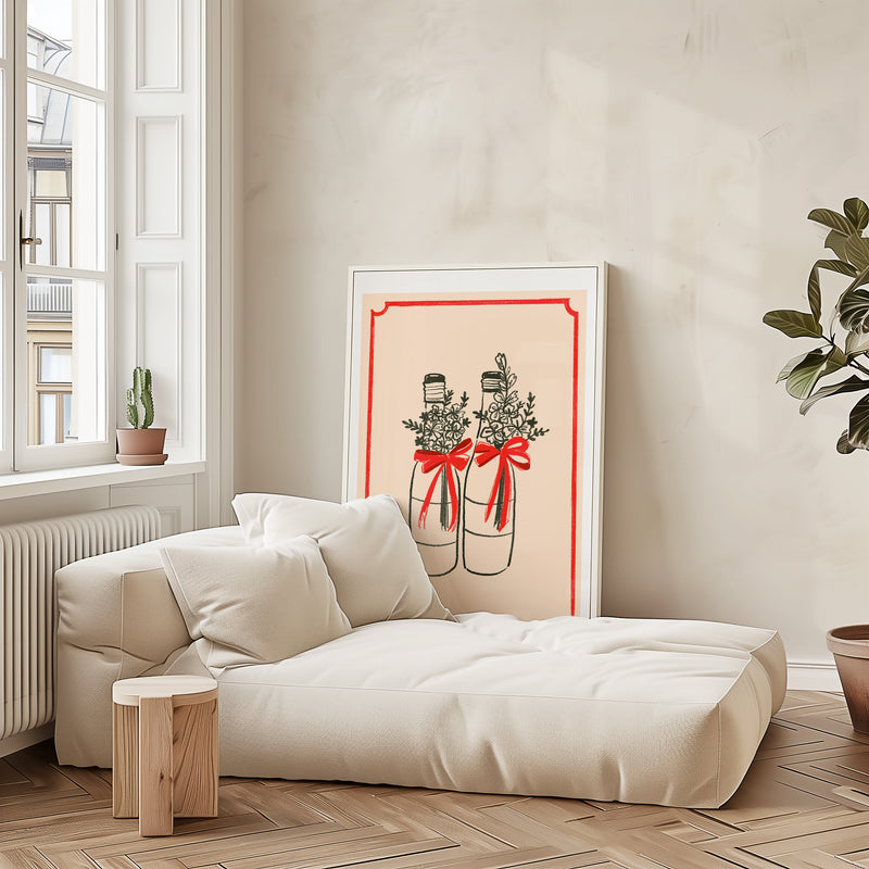 Framed artwork of two bottles with red bows and floral arrangements on a beige background