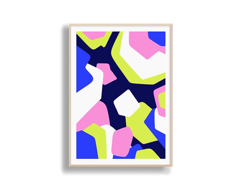Framed abstract art print with colorful geometric shapes on a white background
