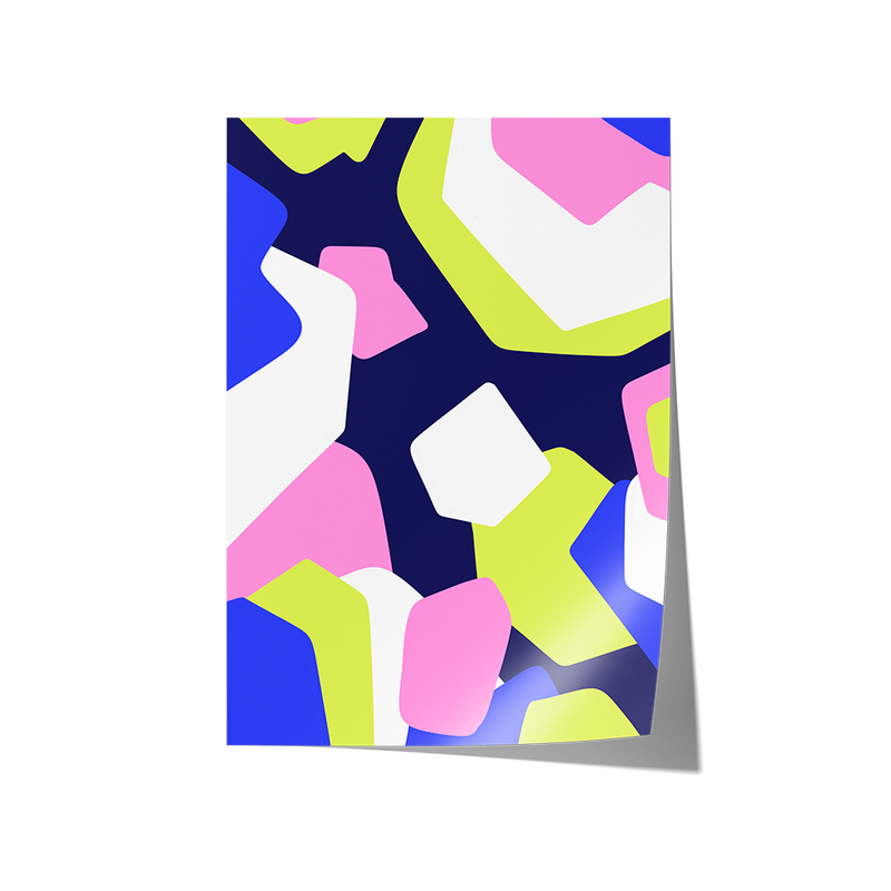 Framed abstract art print with colorful geometric shapes on a white background