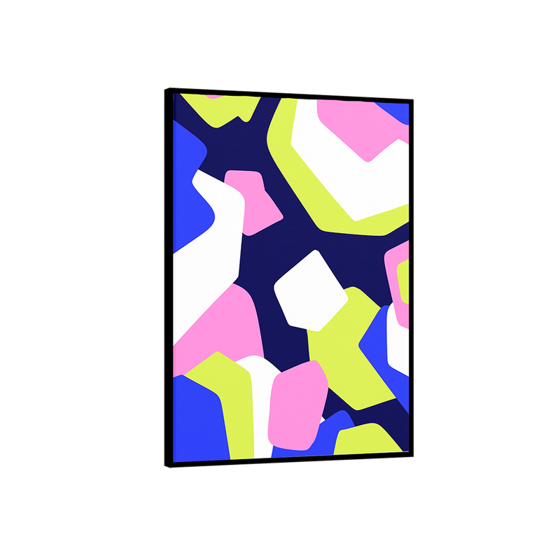 Framed abstract art print with colorful geometric shapes on a white background
