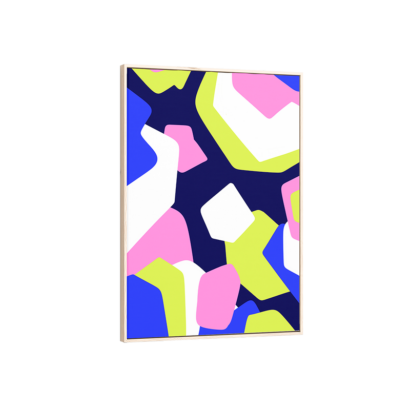 Framed abstract art print with colorful geometric shapes on a white background