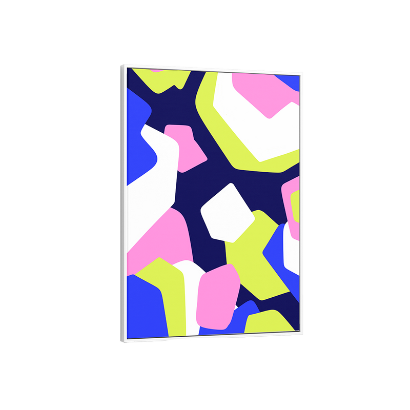 Framed abstract art print with colorful geometric shapes on a white background