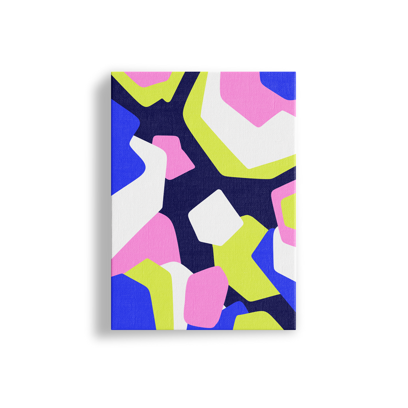 Framed abstract art print with colorful geometric shapes on a white background