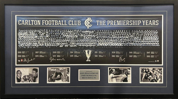 Carlton Premiership Years Print hand signed by John Nicholls, Bruce Doull and Alex Jesaulenko – official AFL memorabilia approx 120cm x 55cm