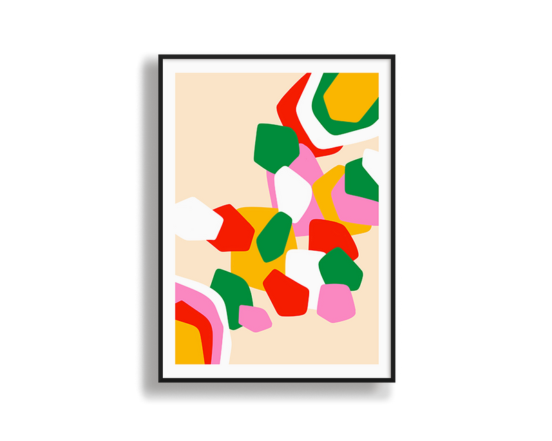 Framed abstract art print with colorful geometric shapes on a beige background