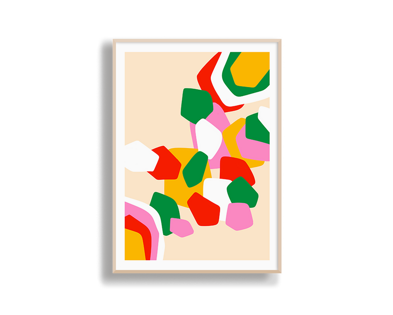 Framed abstract art print with colorful geometric shapes on a beige background