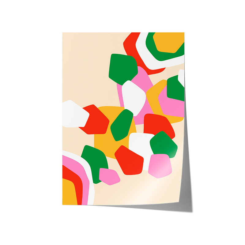 Framed abstract art print with colorful geometric shapes on a beige background
