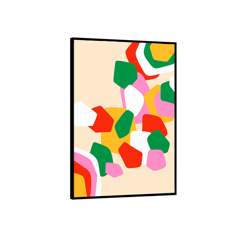 Framed abstract art print with colorful geometric shapes on a beige background
