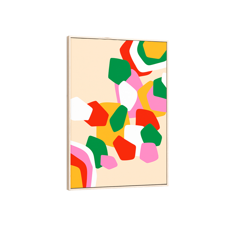 Framed abstract art print with colorful geometric shapes on a beige background