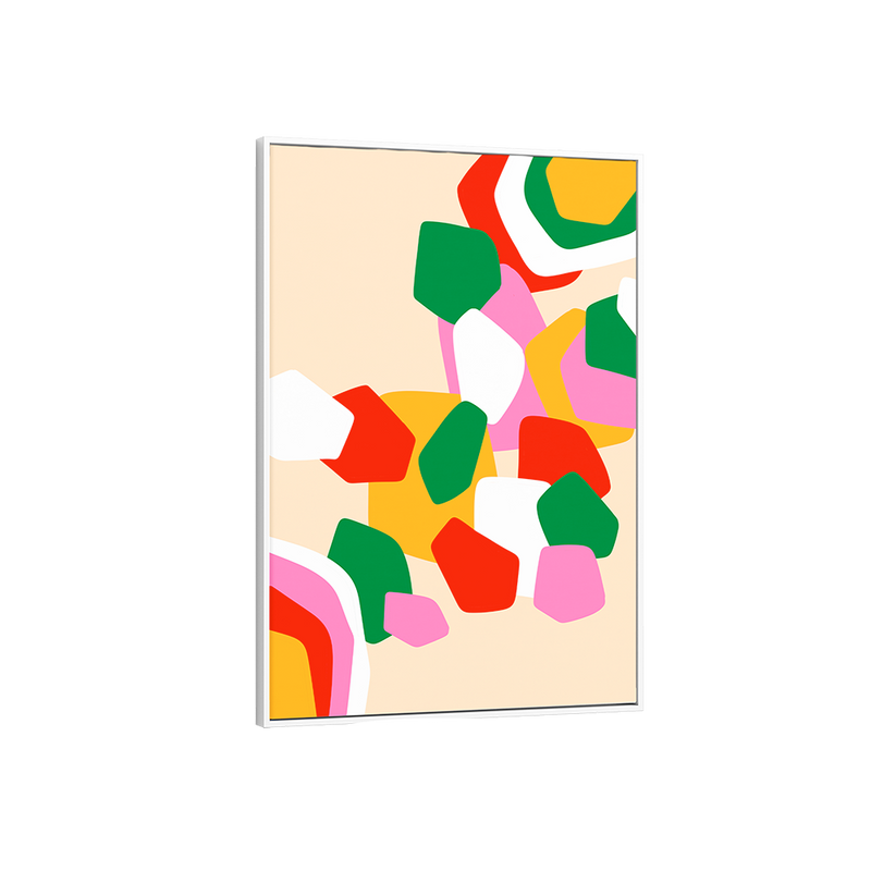 Framed abstract art print with colorful geometric shapes on a beige background