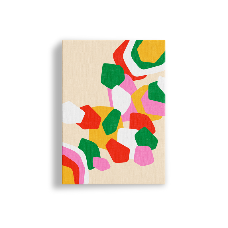 Framed abstract art print with colorful geometric shapes on a beige background