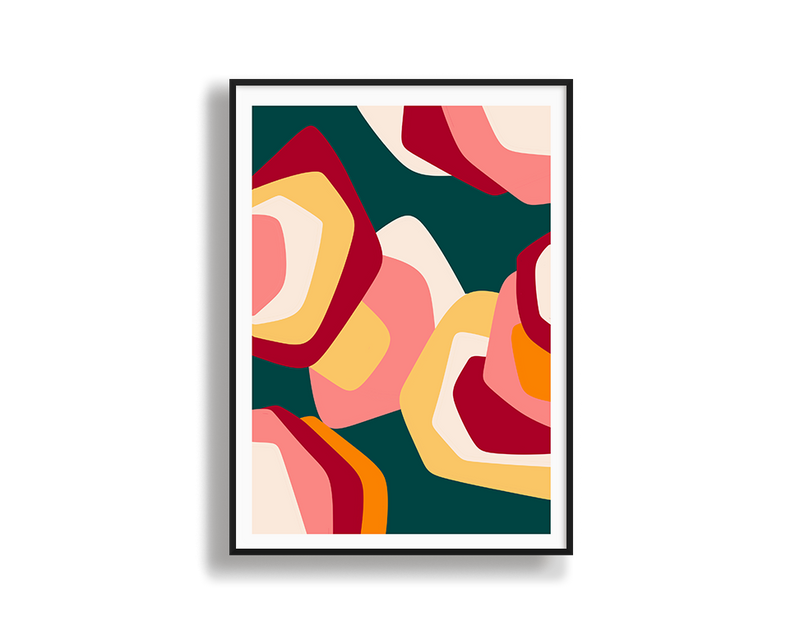 Framed abstract art print with colorful geometric shapes