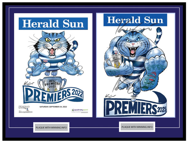 Geelong Cats 2022 and 2025 AFL Premiers framed memorabilia featuring two official Mark Knight posters side by side, 105cm x 85cm, with dual plaques – official AFL licensed product