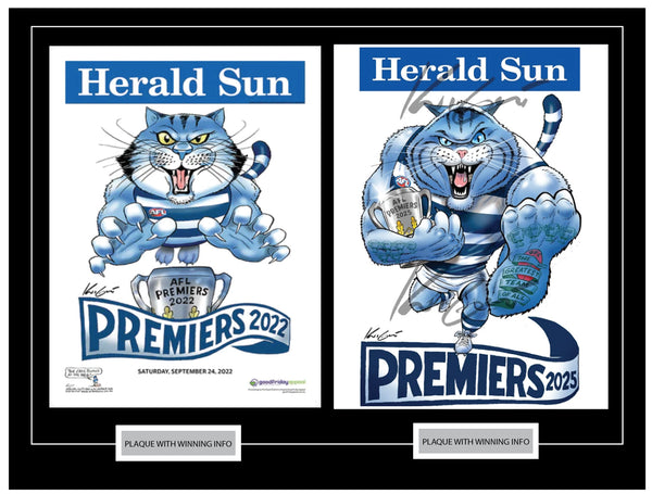 Geelong Cats 2022 and 2025 AFL Premiers framed memorabilia featuring two official Mark Knight posters side by side, 105cm x 85cm, with dual plaques – official AFL licensed product