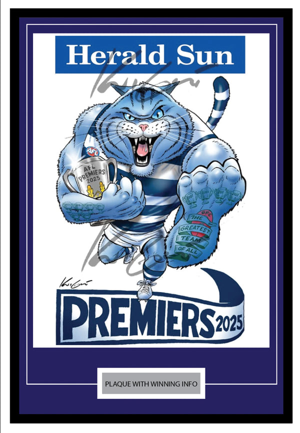 Cartoon panther character holding a trophy with 'Herald Sun' and 'Premiers 2025' text on a blue background