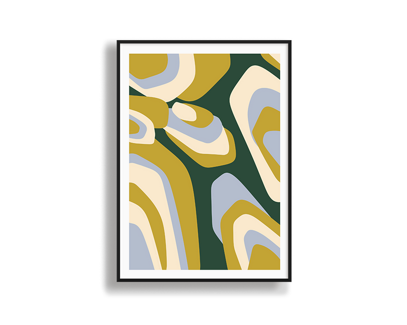 Framed abstract art print with colourful geometric shapes