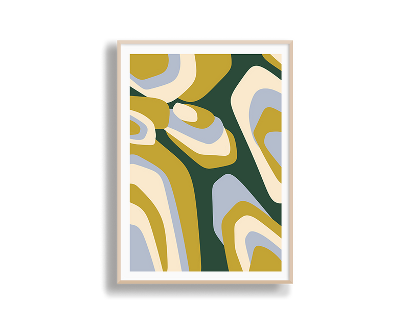 Framed abstract art print with colourful geometric shapes