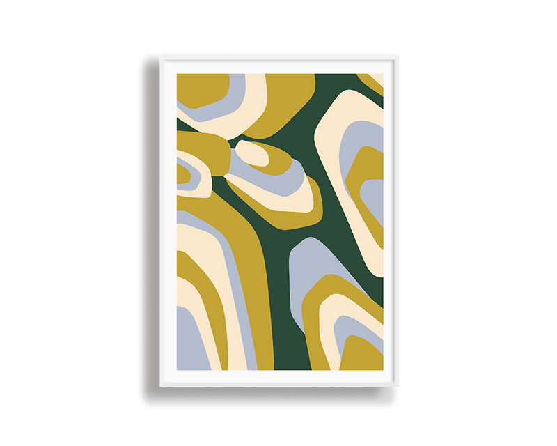 Framed abstract art print with colourful geometric shapes