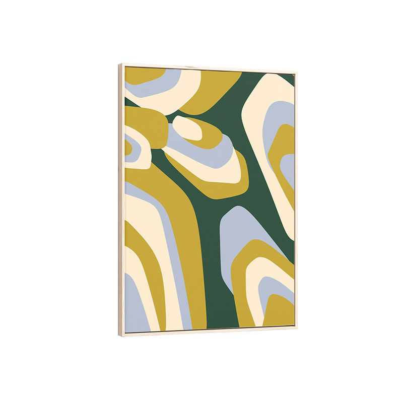 Framed abstract art print with colourful geometric shapes