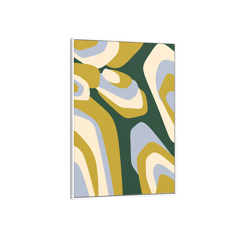 Framed abstract art print with colourful geometric shapes