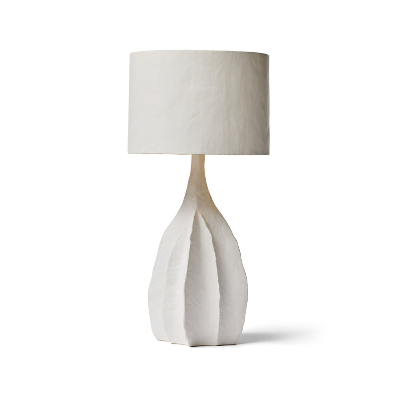 Designer Mateo Table Lamp in frosted white resin with real gold-leaf interior, soft warm ambient lighting