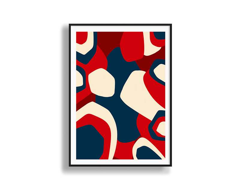 Framed abstract art print with red, blue, and beige shapes on a white background