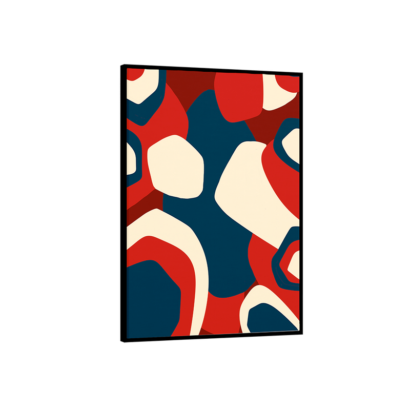 Framed abstract art print with red, blue, and beige colours
