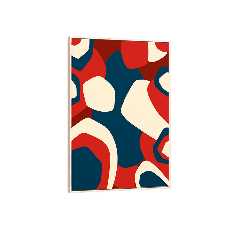 Framed abstract art print with red, blue, and beige colours