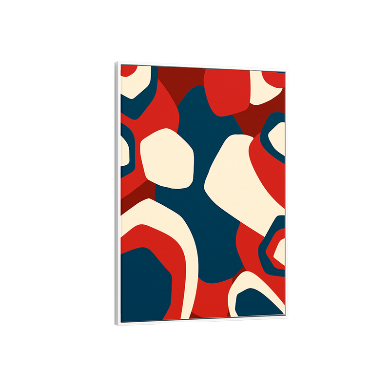 Framed abstract art print with red, blue, and beige colours