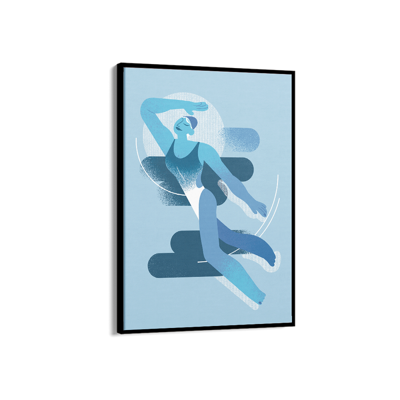 Abstract olympic swimming painting in shades of blue, printed on premium canvas and framed