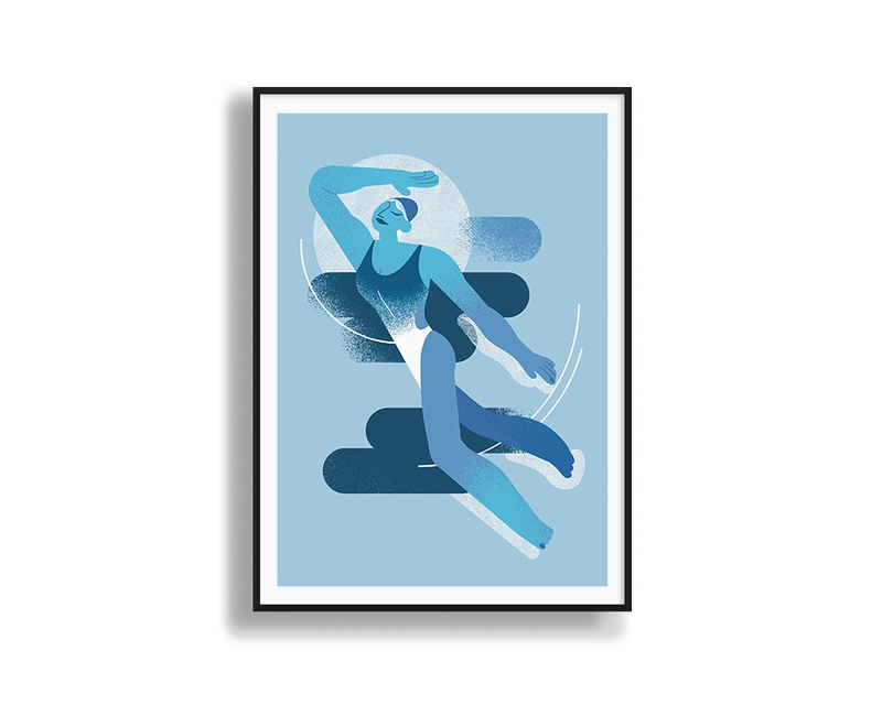 Abstract olympic swimming painting in shades of blue, printed on premium canvas and framed