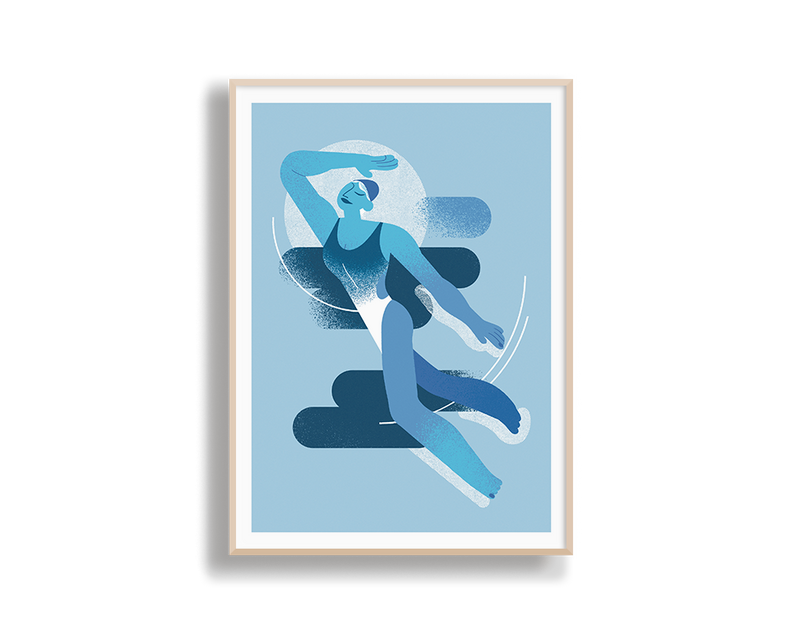 Abstract olympic swimming painting in shades of blue, printed on premium canvas and framed