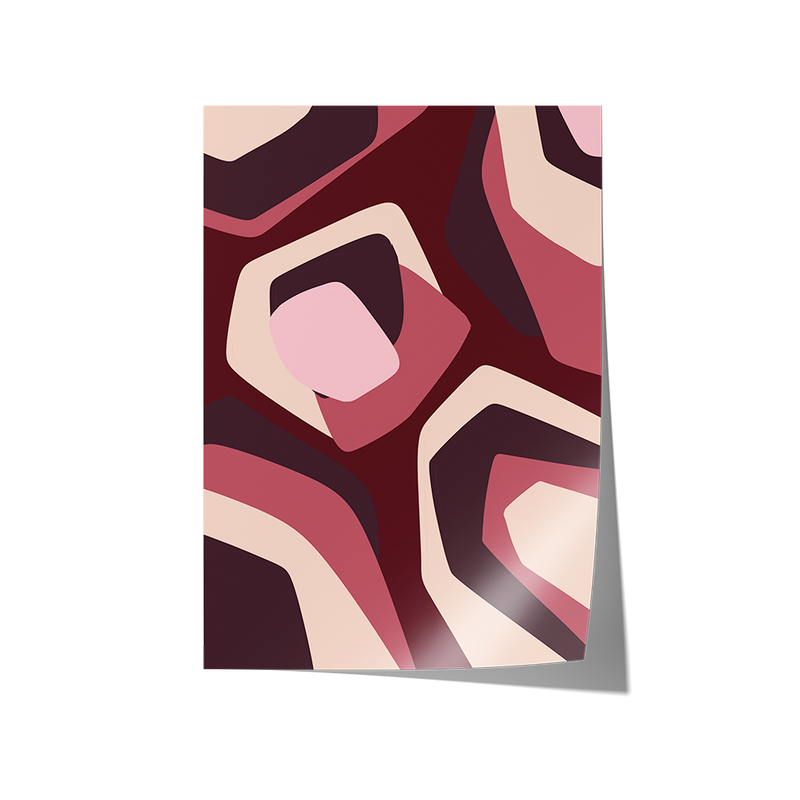 Framed abstract art print with geometric shapes in red and beige on a white background
