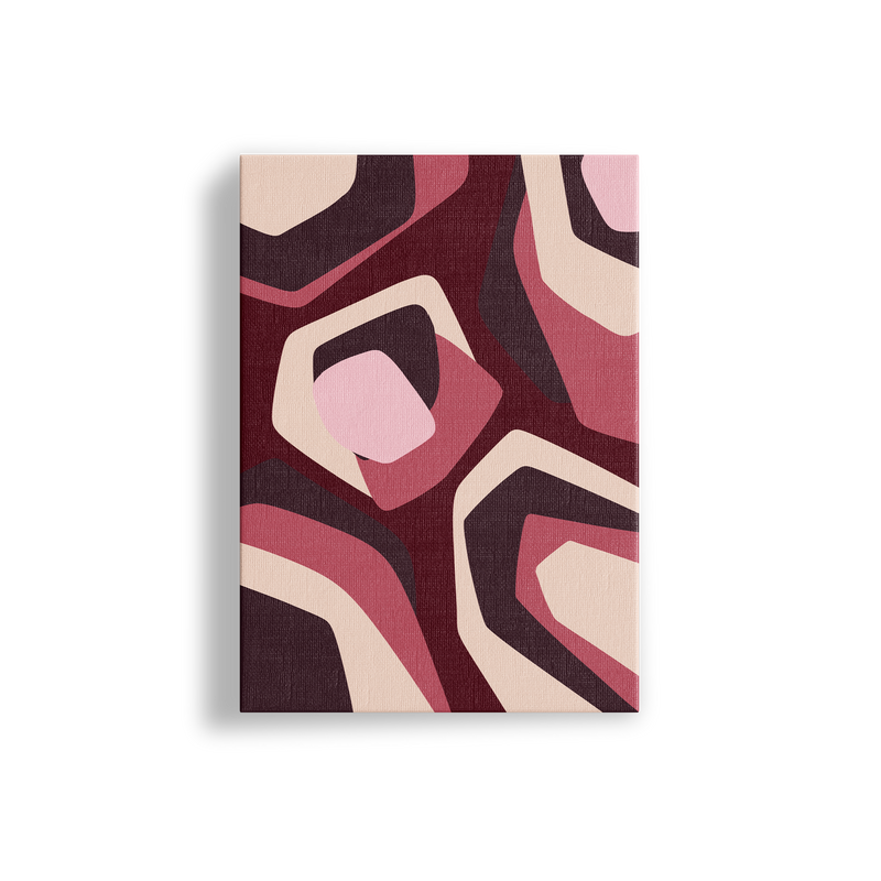 Framed abstract art print with geometric shapes in red and beige on a white background