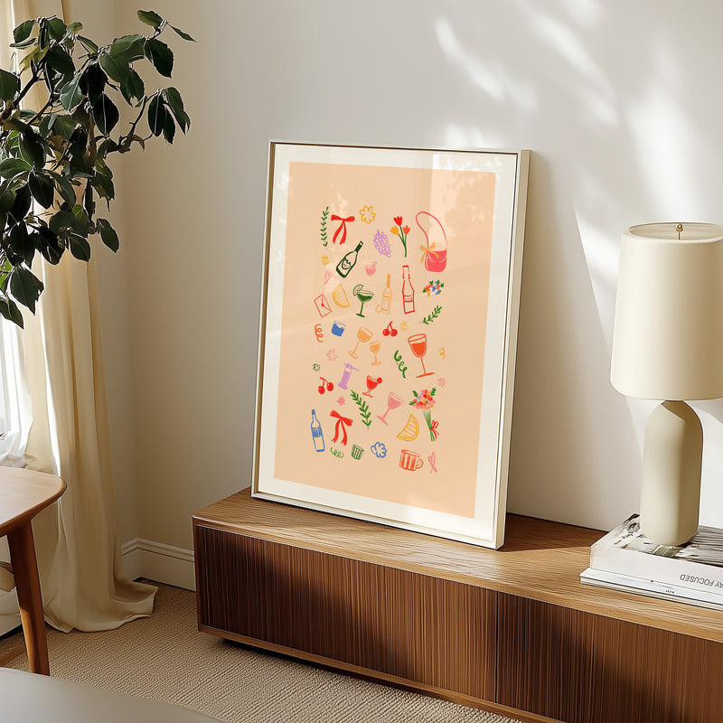 Framed artwork with colorful illustrations of drinks and bottles on a beige background