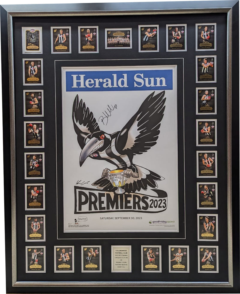 COLLINGWOOD HERALD SUN WITH CARDS SIGNED BOBBY HILL