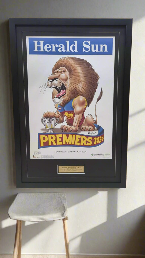 DELUXE BRISBANE LIONS OFFICIAL HERALD SUN 2024 FRAMED POSTER (Black Edition)