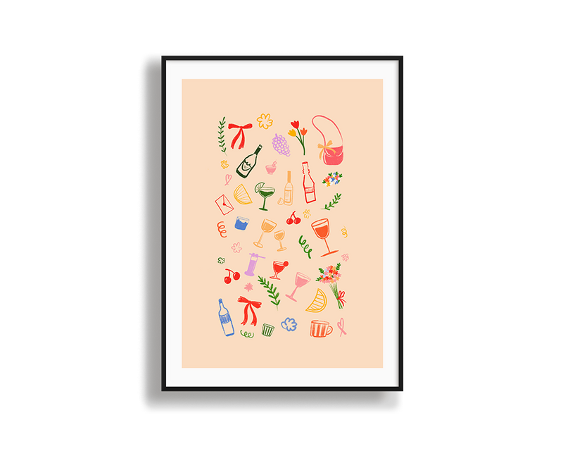 Framed artwork with colorful illustrations of drinks and bottles on a beige background