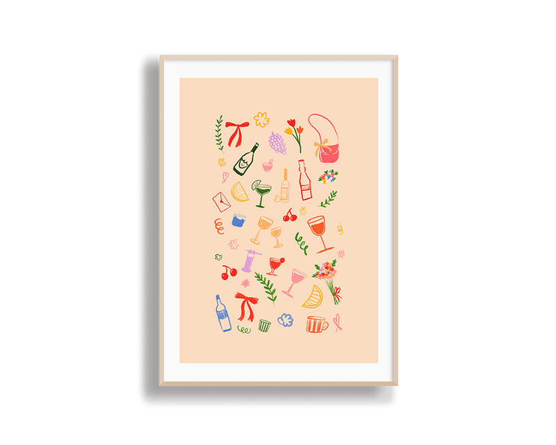 Framed artwork with colorful illustrations of drinks and bottles on a beige background
